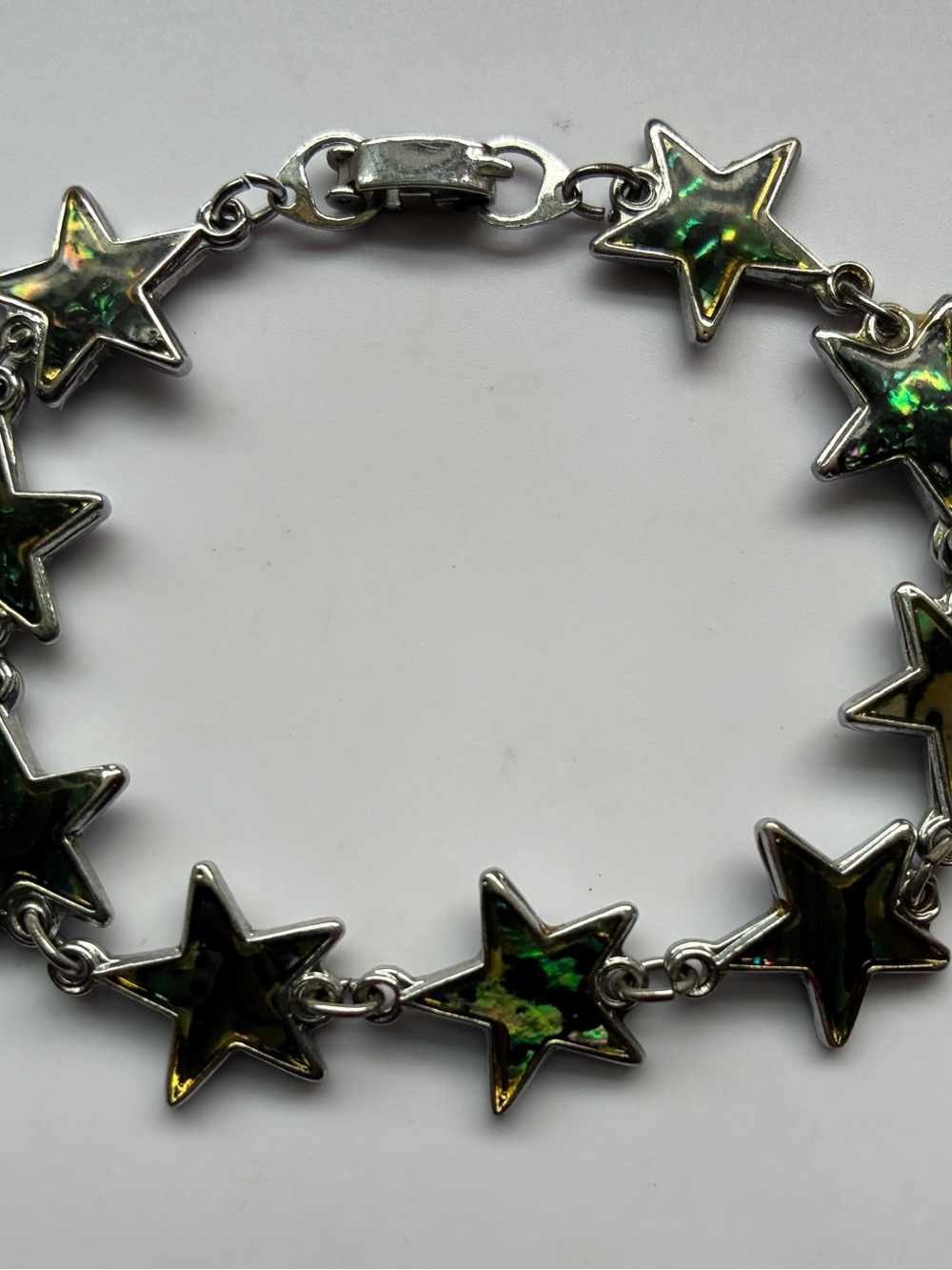 Silver Star Link Bracelet with Iridescent Green Inlay